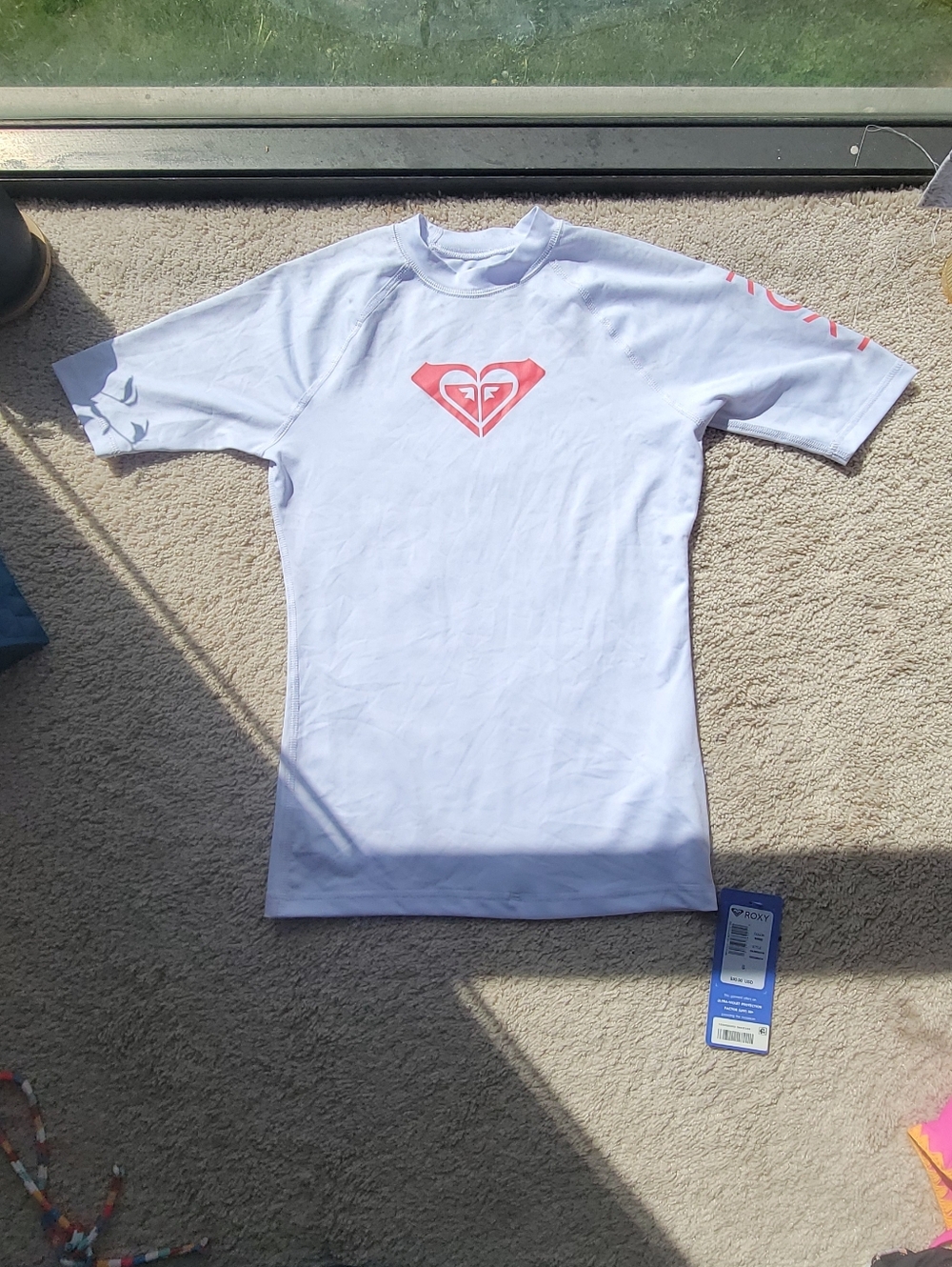 Roxy White Short Sleeve Rash Guard with Coral Logo